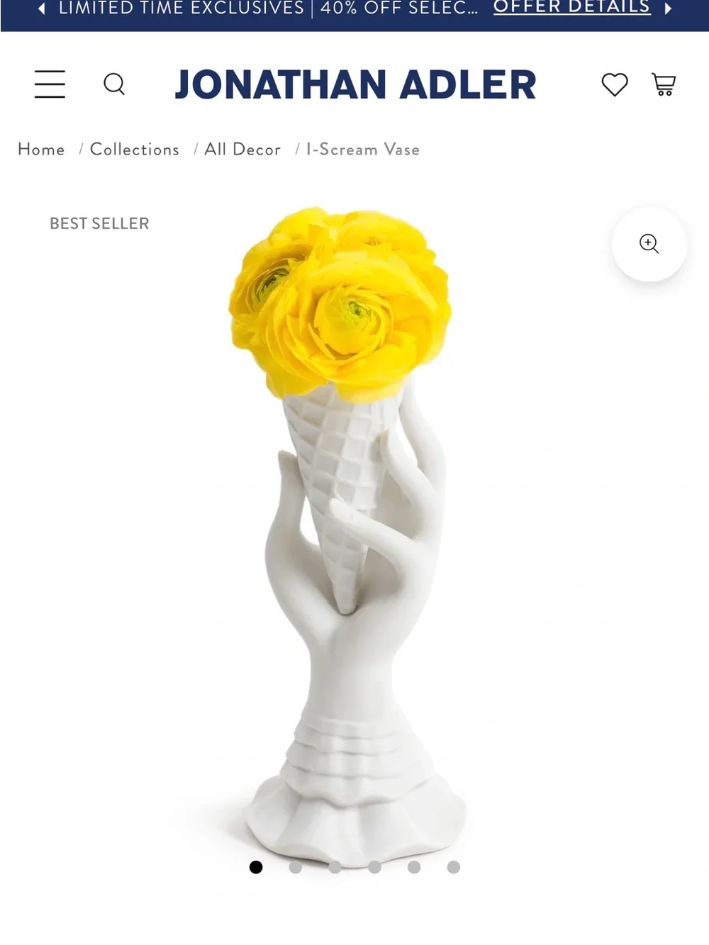 Jonathan Adler Muse I-Scream Ice Cream Cone Hand Vase White Matte Ceramic Decor